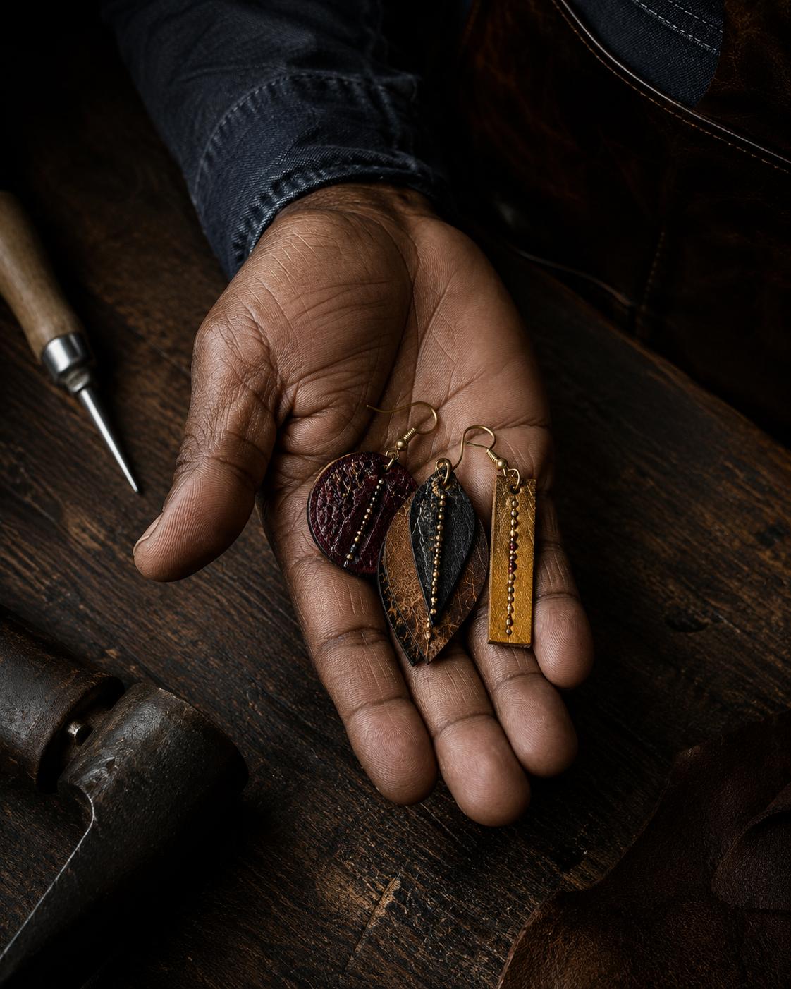 Handmade leather earrings cradled in the maker's hand at his workbench