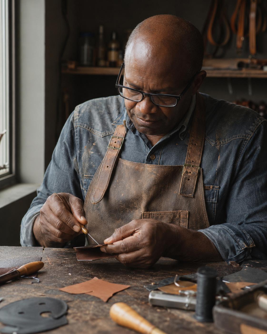 Justus Gitari at his workbench in Overland Park, Kansas